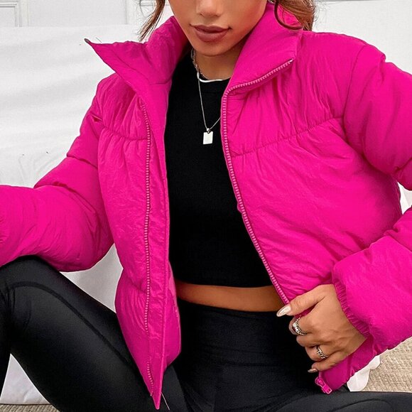 Hot Pink Casual Women's Zip Up Padded Coat - Picture 3 of 6